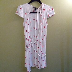 Womans S Forever 21 White Cardigan Wrap Around with Red Lips Lightweight Flowy